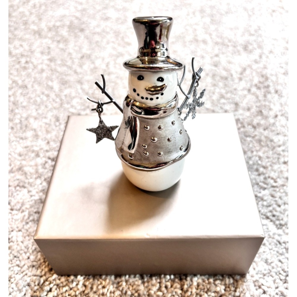 Pier 1 Snowman Figurine Silver White Glitter Star Snowflake Christmas Decor Noel